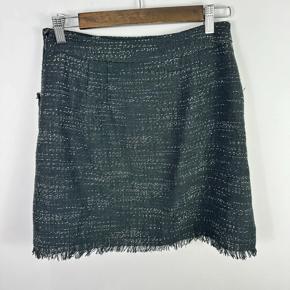 LOFT Skirt 2 Black Bouclé Tweed Mini Fringed Hem‎ Pocket Mod Retro Indie Sleaze